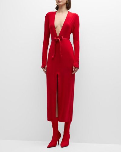 Norma Kamali V-Neck Center Front Slit Gown - Red