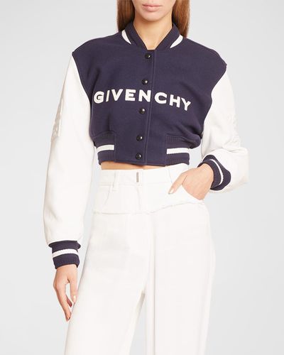 Givenchy Mixed-Media Logo-Embroidered Crop Bomber Jacket - Blue