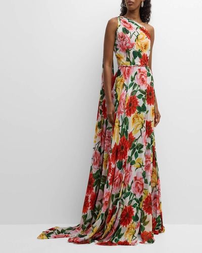 Naeem Khan One-shoulder Floral Print Gown With Cape Detail - White