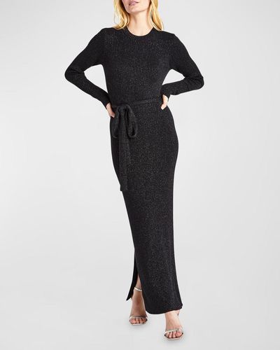 Splendid Koda Long-Sleeve Belted Lurex Sweater Dress - Black