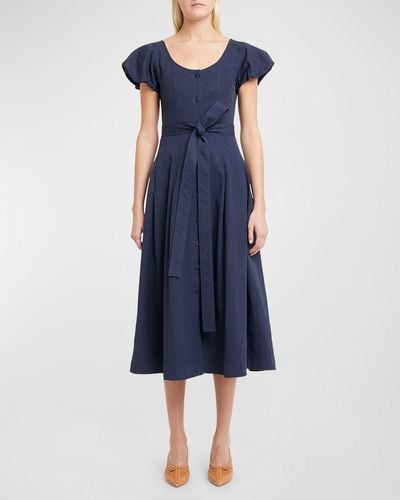 Ulla Johnson Rhea Puff-Sleeve Belted Midi Poplin Dress - Blue