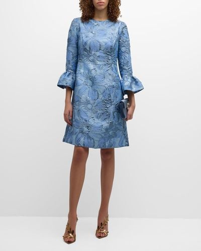 Teri Jon Bell-Sleeve Metallic Floral Jacquard Midi Dress - Blue