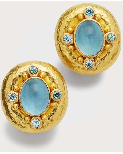 Elizabeth Locke 19k Yellow Gold Vertical Oval Cabochon Aquamarine Earrings With Blue Zircon - Metallic