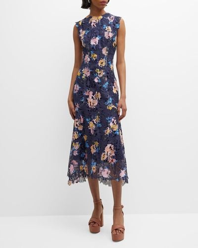 Monique Lhuillier Floral-Printed Lace Sleeveless Midi Dress - Blue
