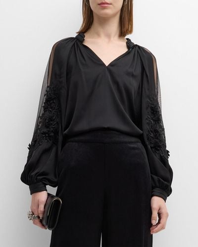 Kobi Halperin Joyce Embroidered Blouson-Sleeve Silk Blouse - Black