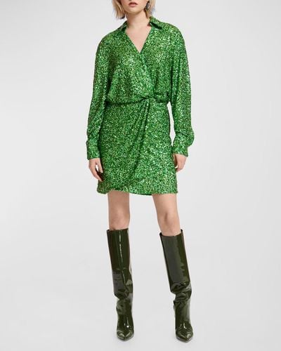 Essentiel Antwerp Sequined Mini Faux-Wrap Dress - Green