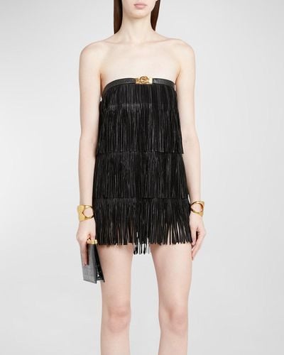 Tom Ford Tiered Pleated Leather Fringe Strapless Mini Cocktail Dress - Black