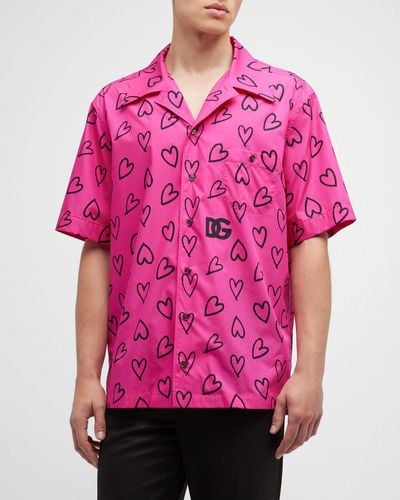 Dolce & Gabbana Dg Heart-print Camp Shirt - Pink