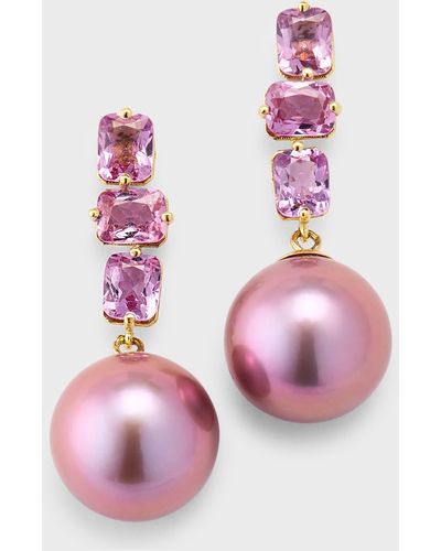 Pearls By Shari 18k Yellow Gold Pink Sapphire And Kasumiga Pearl Earrings