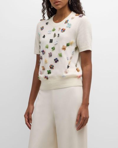 Libertine Button Town Embellished Short-Sleeve Cashmere Sweater - Natural