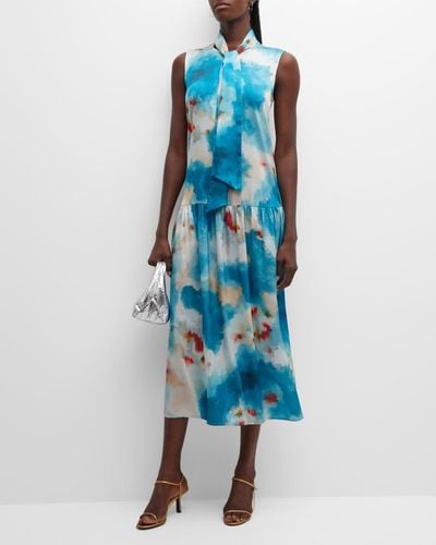 Misook Watercolor-print Tie-neck Crepe Midi Dress - Blue