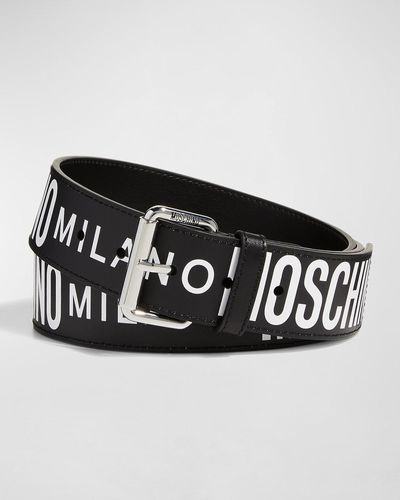 Moschino Allover Logo Two-Tone Leather Belt - Black