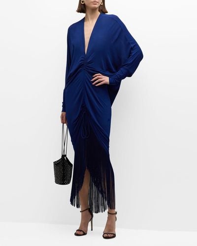 Silvia Tcherassi Rosalyn Ruched Maxi Dress With Fringe Trim - Blue