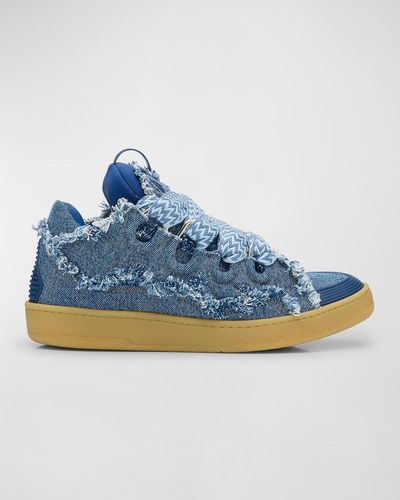 Lanvin Curb Frayed Denim Low-Top Sneakers - Blue