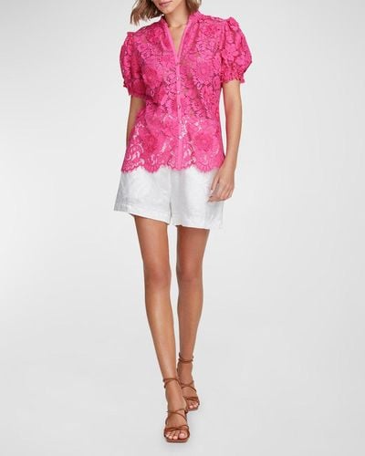 Robert Graham Mila Puff-Sleeve Floral Lace Shirt - Pink