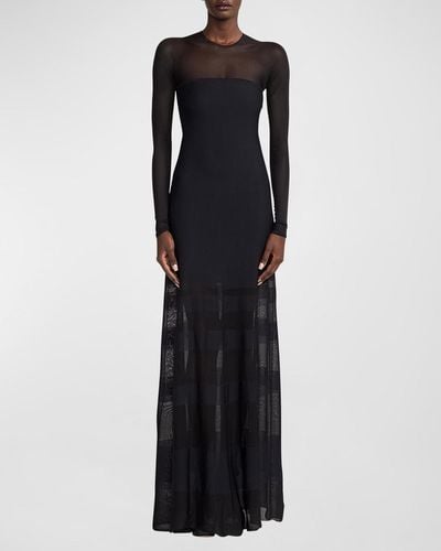 Ralph Lauren Collection Long-Sleeve Sheer Striped Illusion Gown - Black