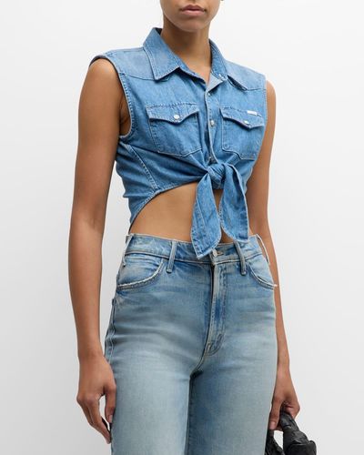 Mother The Sleeveless Knotted Exes Denim Top - Blue