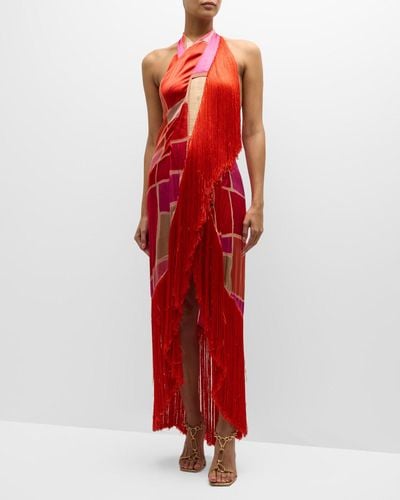 Cult Gaia Bianca Backless Fringe-Trim Coverup Maxi Dress - Red
