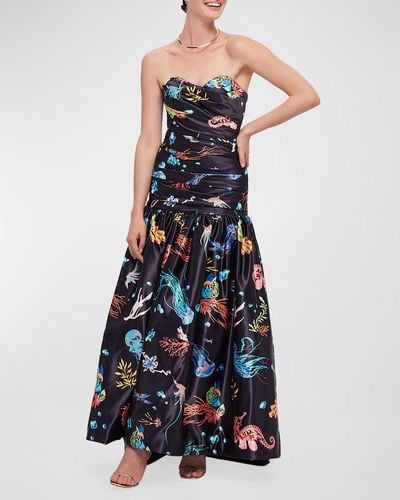 LEO LIN Delphine Printed Strapless Ruched Gown - Blue