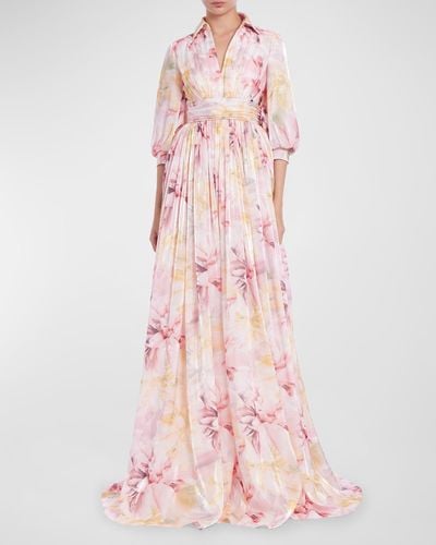 Badgley Mischka Blouson-Sleeve Shimmer Floral-Print Empire Gown - Pink