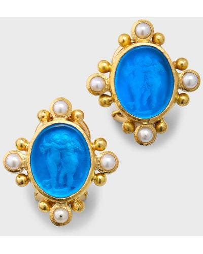 Elizabeth Locke 19k Venetian Glass Intaglio Cherub Twins Earrings With Pearl Spokes - Blue