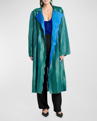 Giorgio Armani Wave Technical Jersey Belted Long Trench Coat - Blue