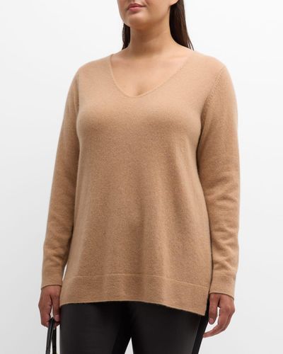 Neiman Marcus Plus Size Cashmere V-Neck Sweater - Natural