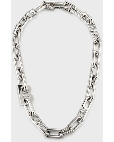 Balenciaga B Chain Thin Necklace, Silvertone - White