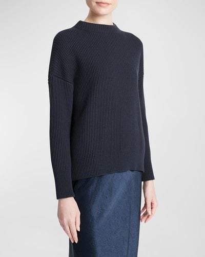 Vince Ribbed Funnel-Neck Cotton Cashmere Sweater - Blue