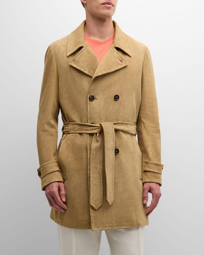 Isaia Belted Suede Trench Coat - Natural