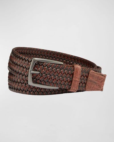 W. Kleinberg Woven Leather Stretch Belt With Crocodile Trim - Brown