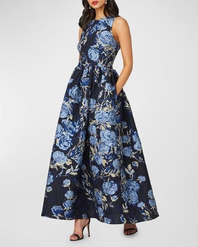Shoshanna Serra Sleeveless A-Line Floral Jacquard Gown - Blue