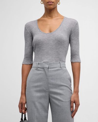 By Malene Birger Remoni Ribbed Scoop-Neck Elbow-Sleeve Sweater - Gray