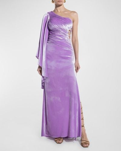 Maria Lucia Hohan Yolanda Laced-Cutout Gathered Cape-Sleeve Satin Gown - Purple