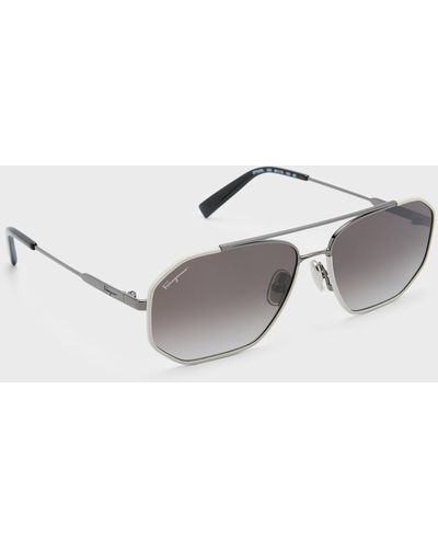 Ferragamo Metal And Leather Navigator Sunglasses - Blue