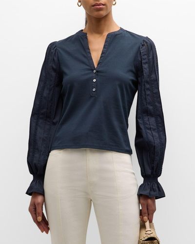 Cinq À Sept Gianna Embroidered Bishop-Sleeve Combo Top - Blue