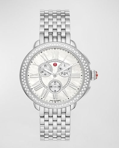 Michele 28Mm Serein Chronograph Stainless Steel Watch With Diamonds - White