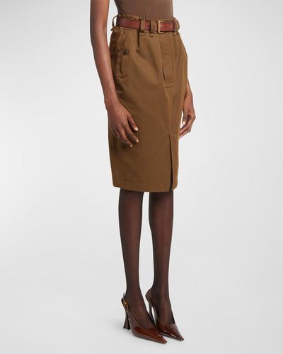 Saint Laurent Saharienne Belted Pleated Pencil Skirt - Natural