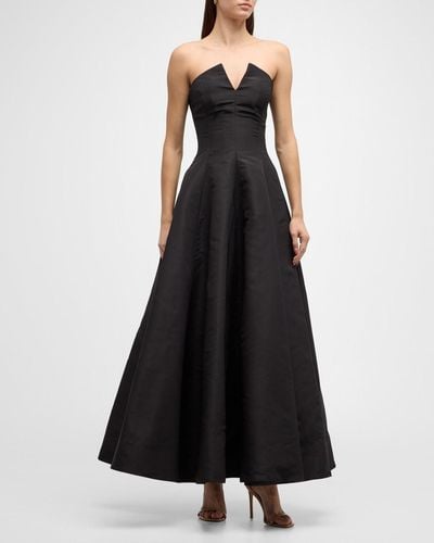 Oscar de la Renta Strapless Fit-&-Flare Tea-Length Faille Gown - Black