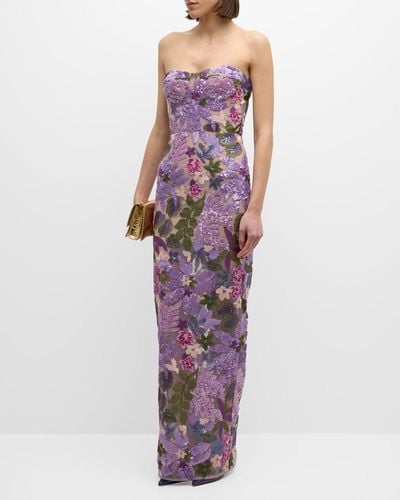Bronx and Banco Dahlia Strapless Floral-Embroidered Sequin Gown - Purple