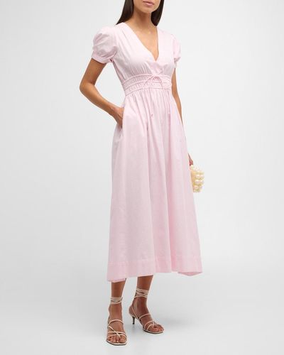 LoveShackFancy Sabela Puff-Sleeve Cotton Poplin V-Neck Midi Dress - Pink