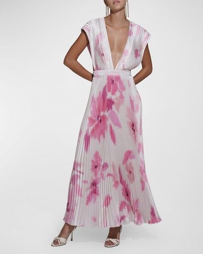 L'idée Gala Deep V-Neck Pleated Satin Gown - Pink
