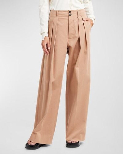 Plan C Mid-Rise Double-Pleated Straight-Leg Pants - Natural