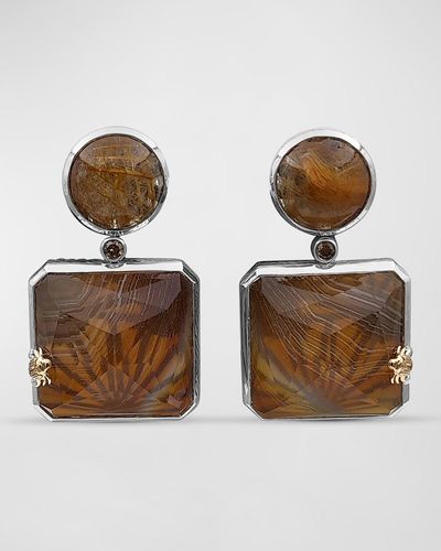Stephen Dweck Rutilated Quartz And Natural Quartz Agate Drop Earrings With Champagne Diamonds - Brown