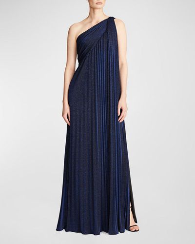Halston One-Shoulder Pleated Knit Gown - Blue