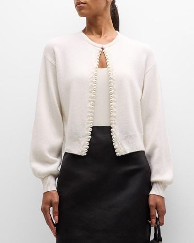 Neiman Marcus Cashmere Cardigan With Pearlescent Trim - White
