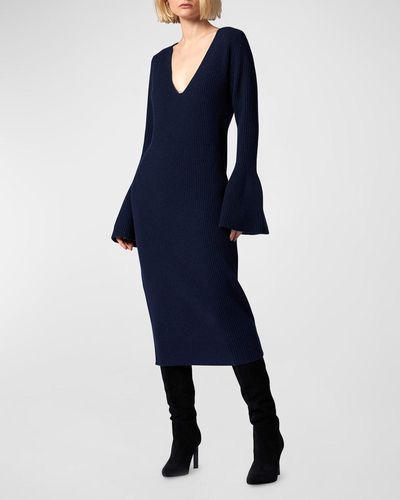 Equipment Dree Ribbed Bell-Sleeve Midi Sweater Dress - Blue