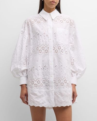Simone Rocha Eyelet Embroidered Long-Sleeve Ruffle Mini Shirtdress - White