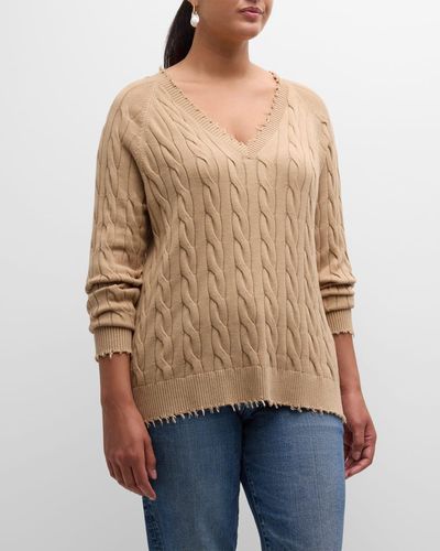 Minnie Rose Plus Size Frayed Cable-Knit Sweater - Natural