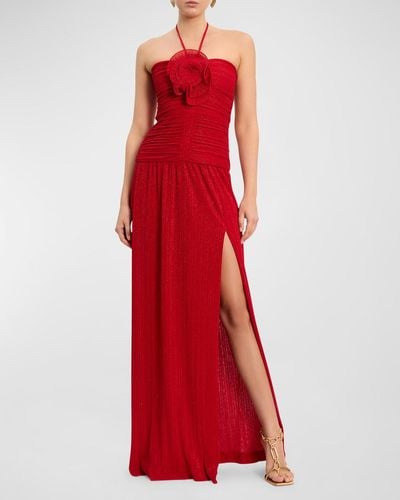 Rebecca Vallance Samantha Side-Slit Shimmer Halter Gown - Red